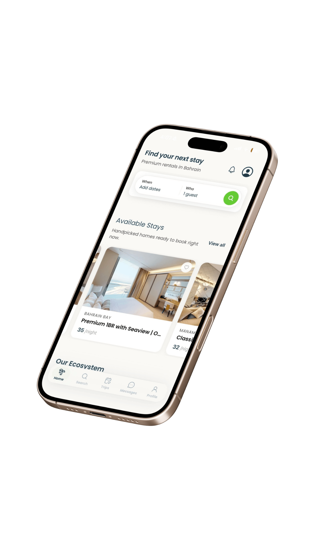 Palm Stays app on a phone, showing stay search and available properties